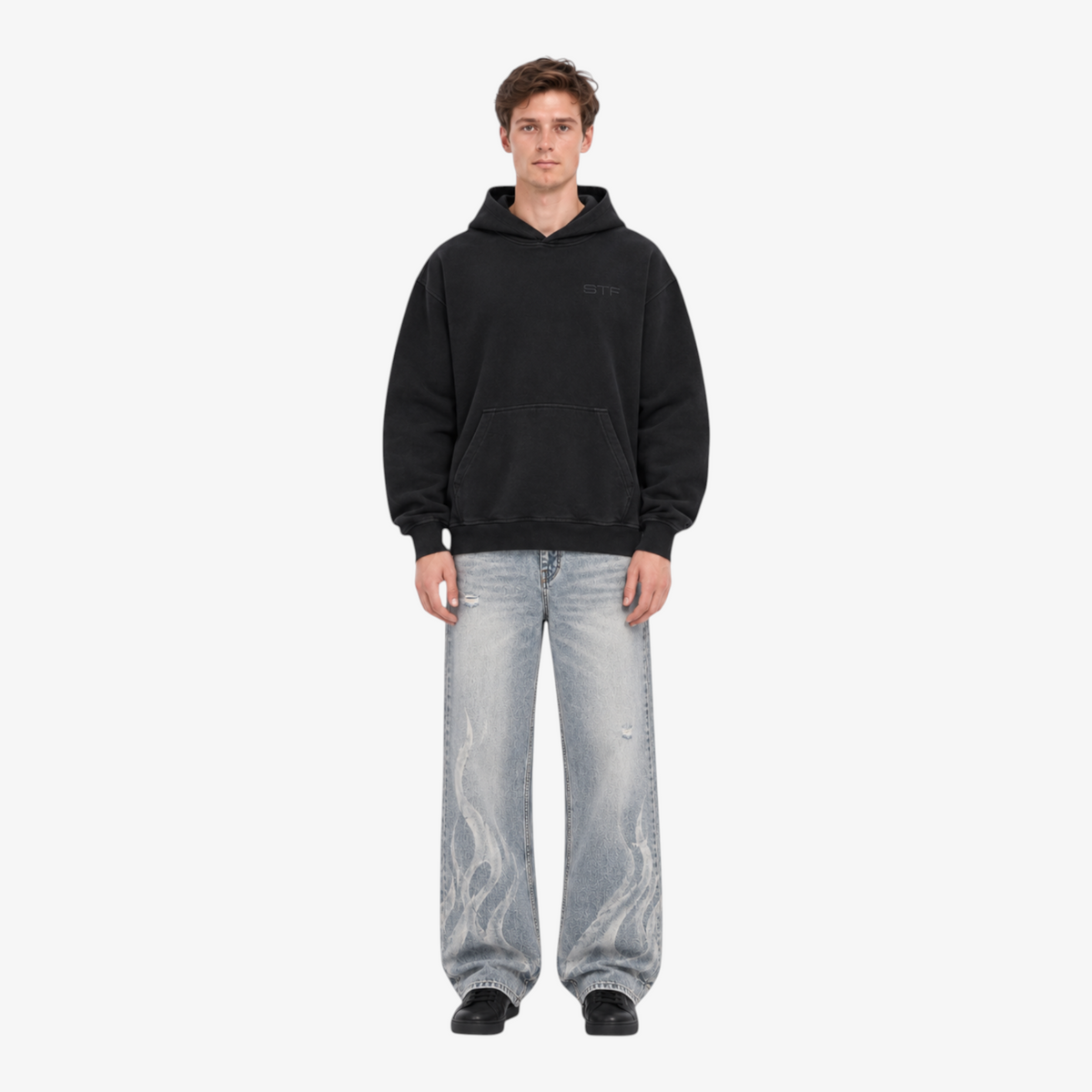 STF Black Oversized Hoodie – model front view