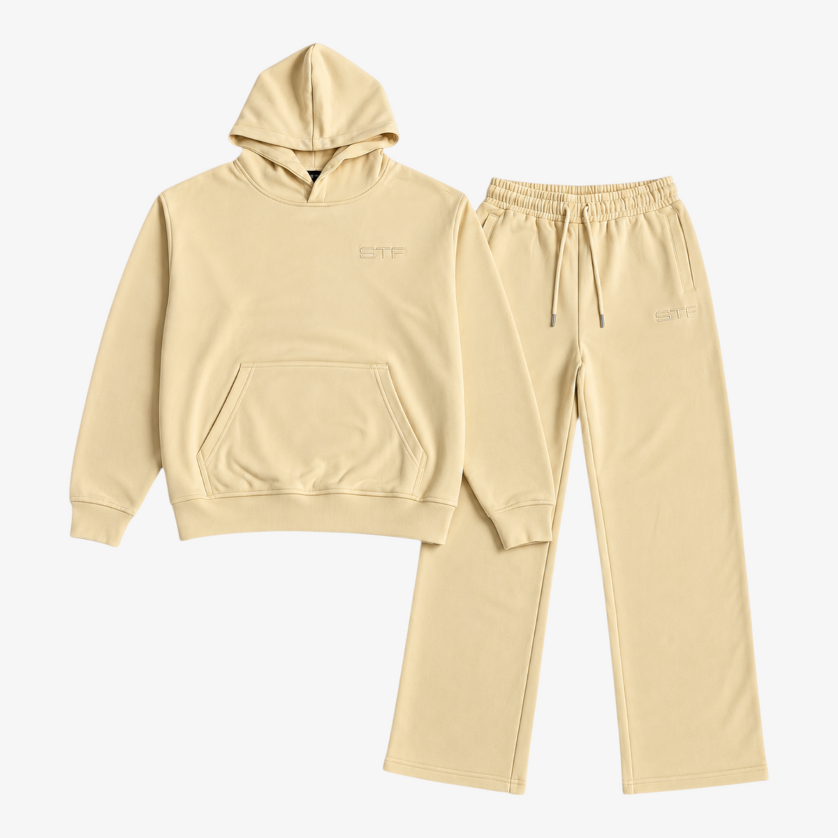 STF oversized boxy cream hoodie and trouser set — Front flat lay Main image