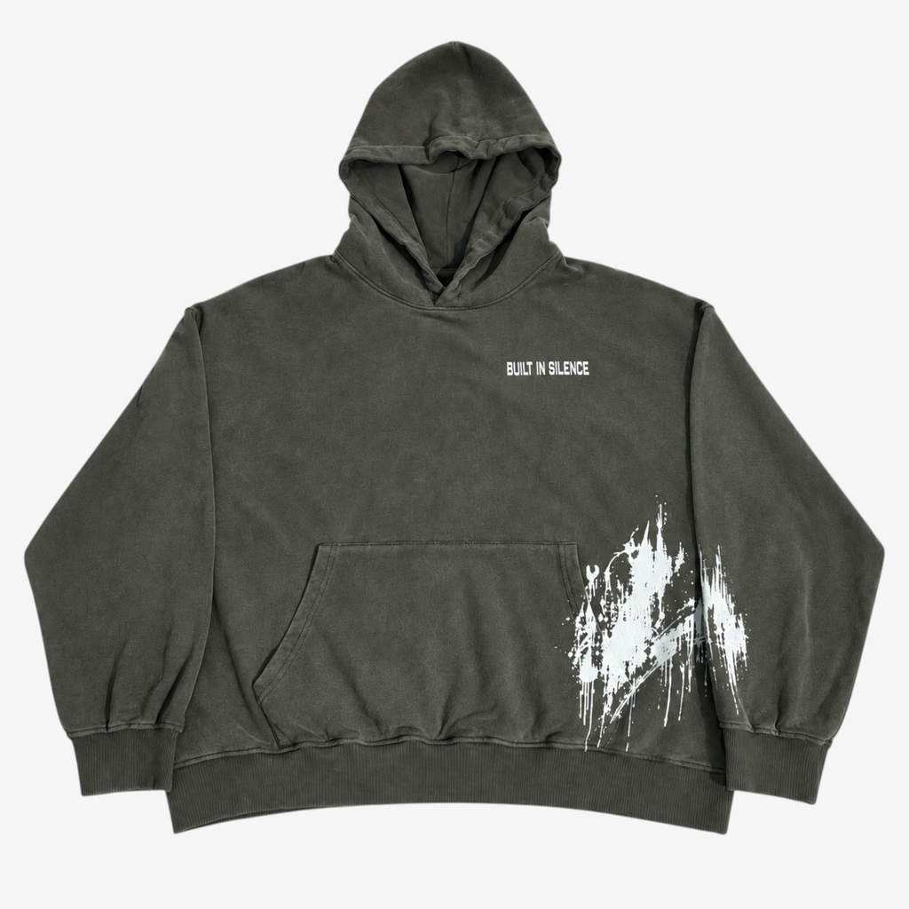 STF Built in Silence boxy oversized hoodie in washed olive-charcoal — front