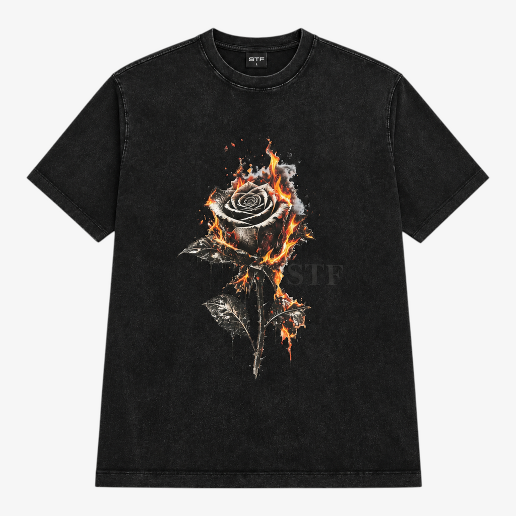 STF Burning Rose washed-black boxy oversized T-shirt — front
