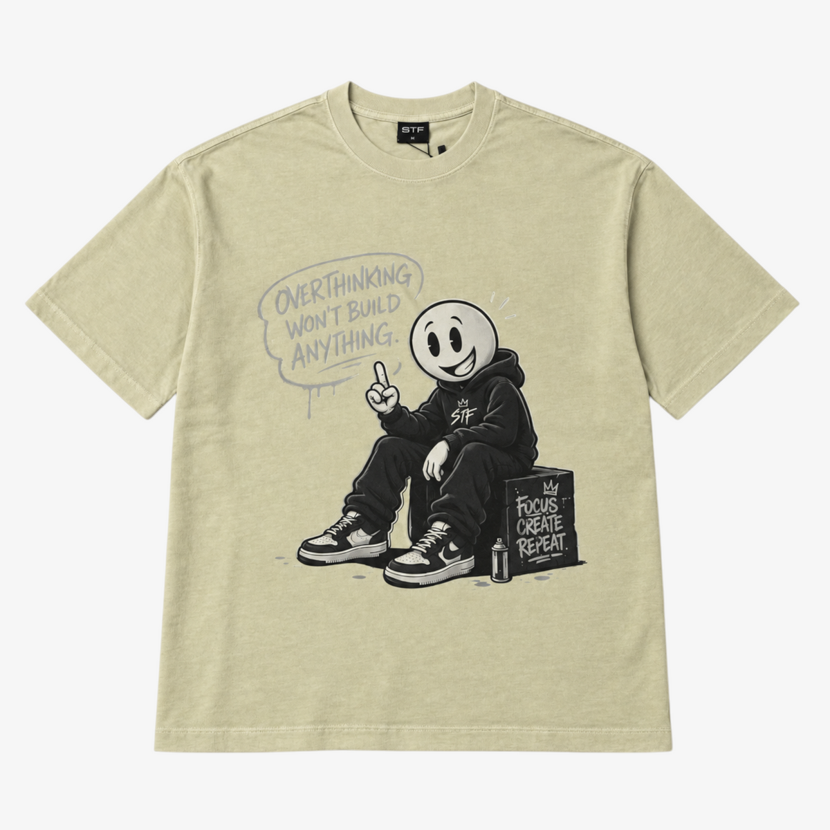 STF Focus Create Repeat T-shirt in washed cream — front flatlay
