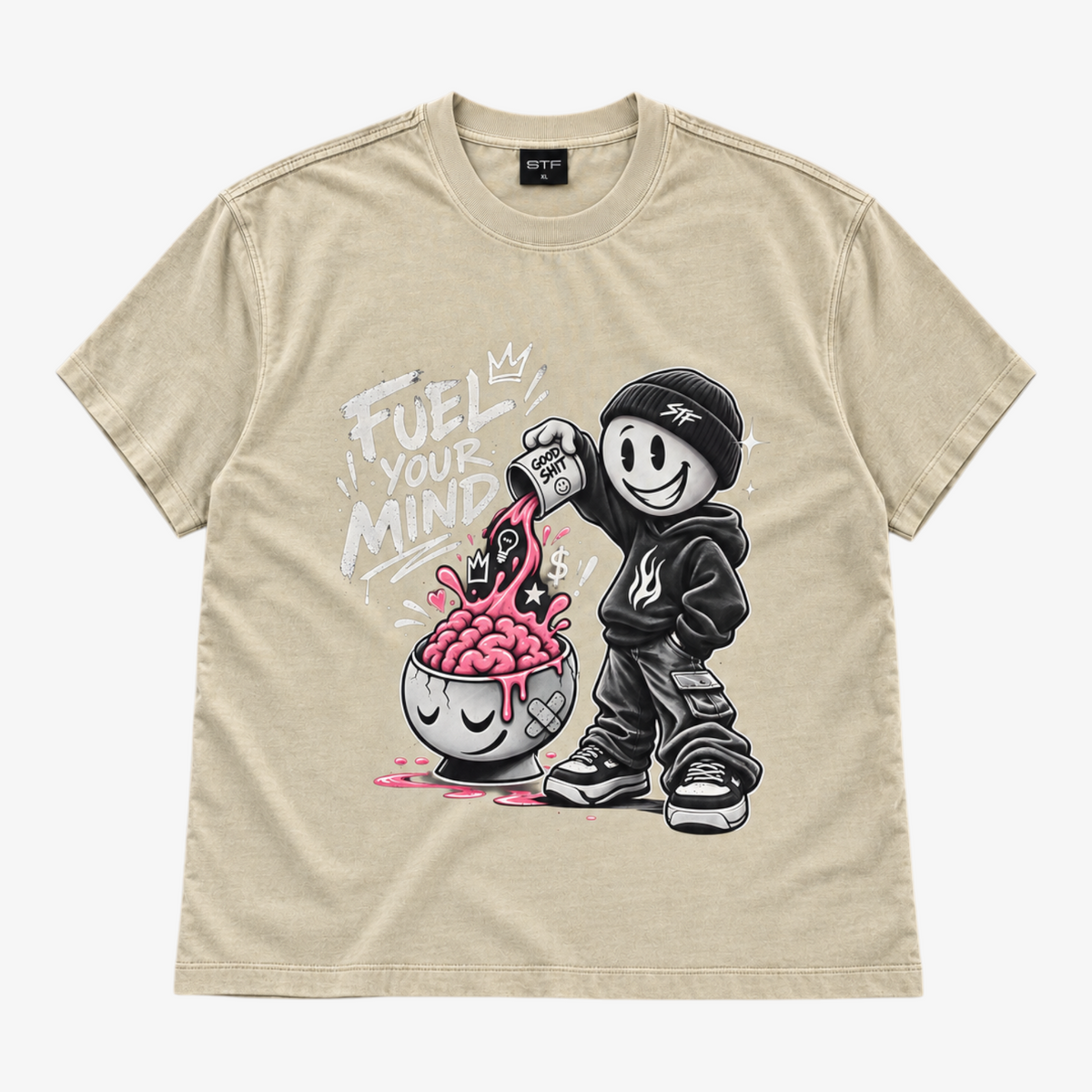 STF Fuel Your Mind washed cream boxy oversized T-shirt front view Main image