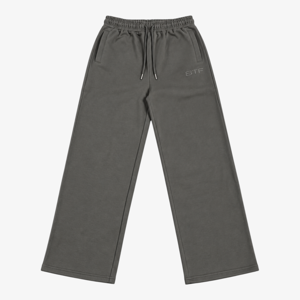 STF grey relaxed open-hem trousers — front flatlay