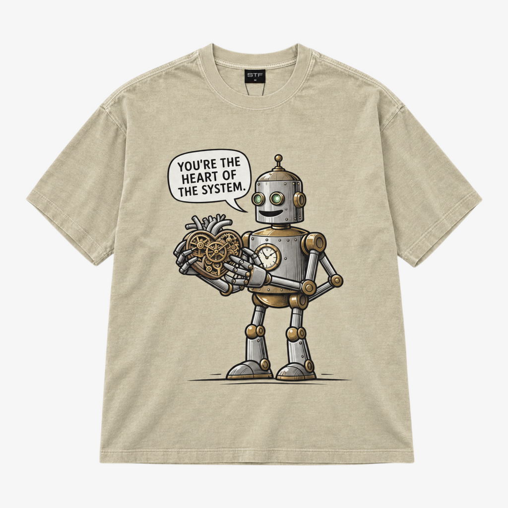 STF Heart of the System Graphic T-Shirt in Washed Cream — Front flat lay with robot and mechanical heart graphic