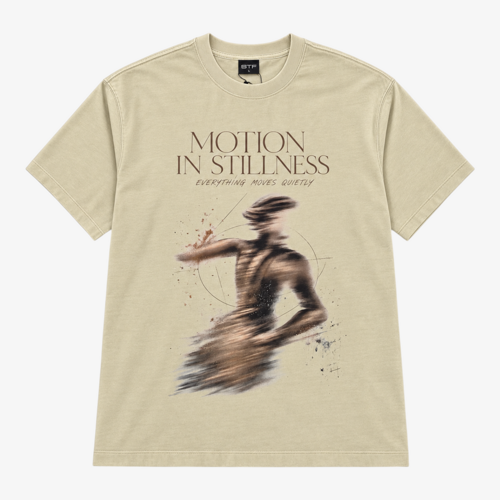STF Motion in Stillness cream boxy oversized T-shirt — front