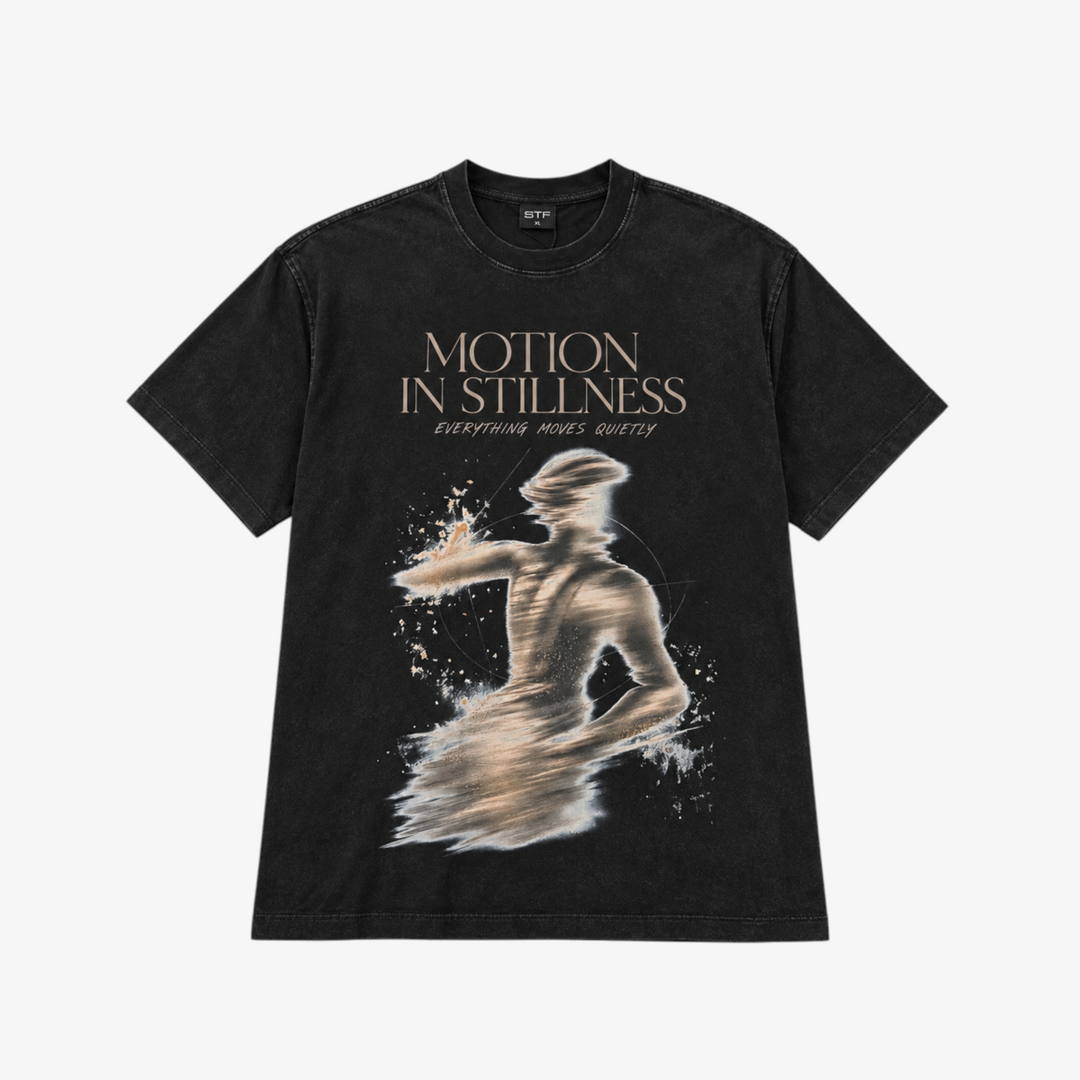 STF Motion in Stillness washed-black boxy oversized T-shirt — front Main image
