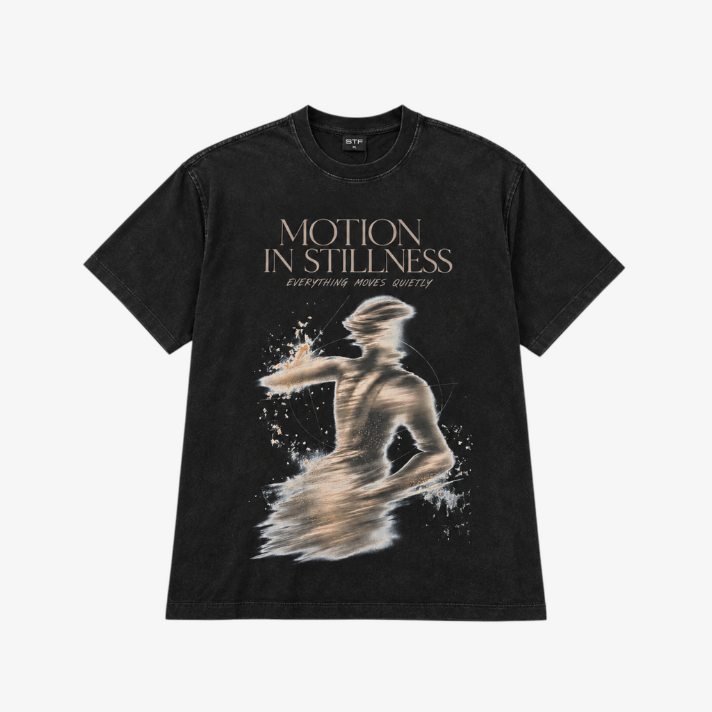 STF Motion in Stillness washed-black boxy oversized T-shirt — front