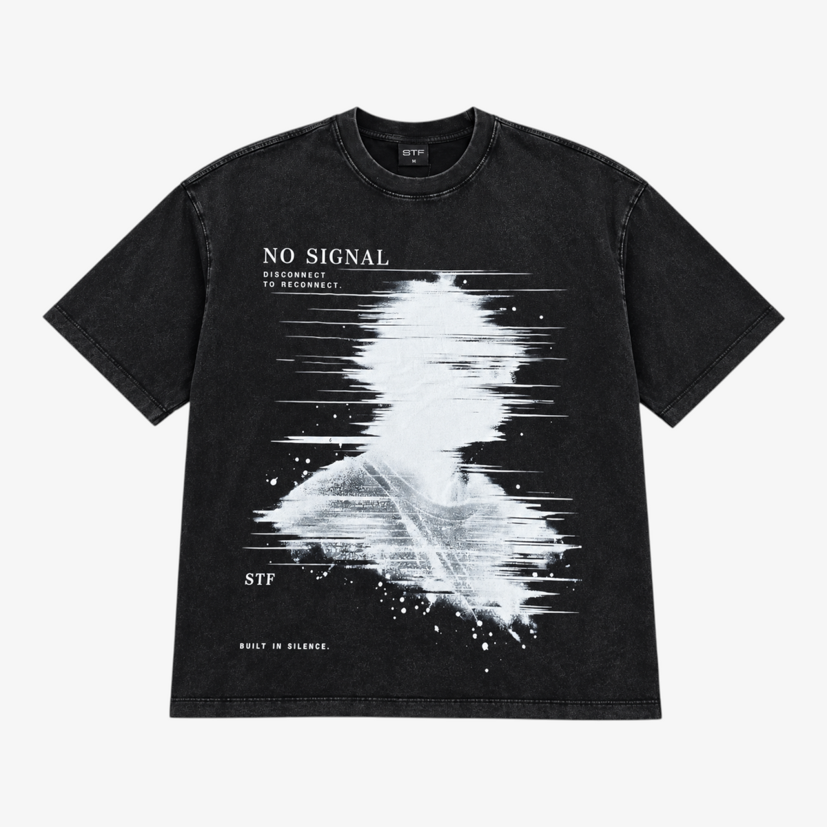 STF No Signal graphic T-shirt in washed black — Front flat lay Main image
