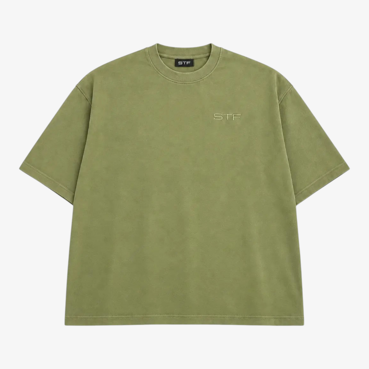 STF tonal embroidered T-shirt in olive, front view Main image