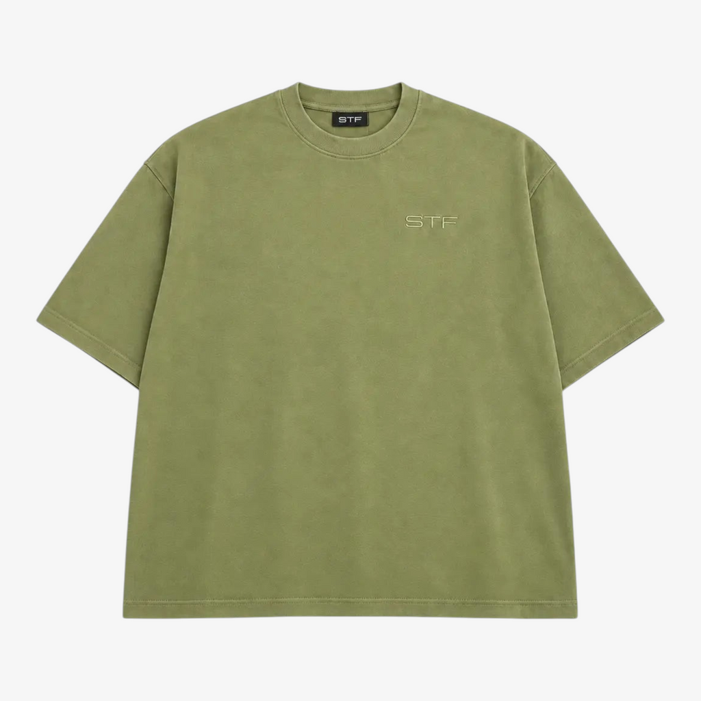 STF tonal embroidered T-shirt in olive, front view