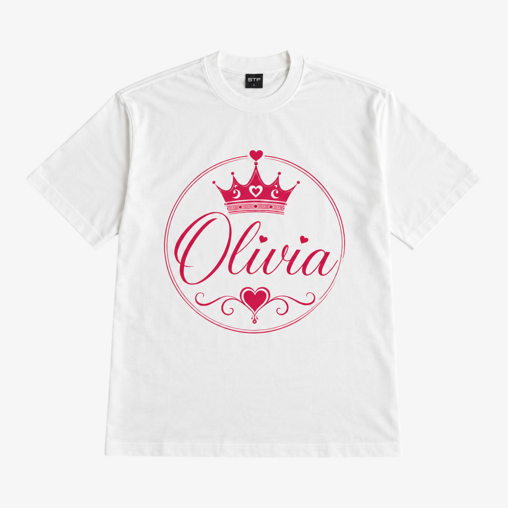 STF Olivia white oversized T-shirt with pink crown and heart graphic — front flatlay