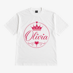 STF Olivia white oversized T-shirt with pink crown and heart graphic — front flatlay