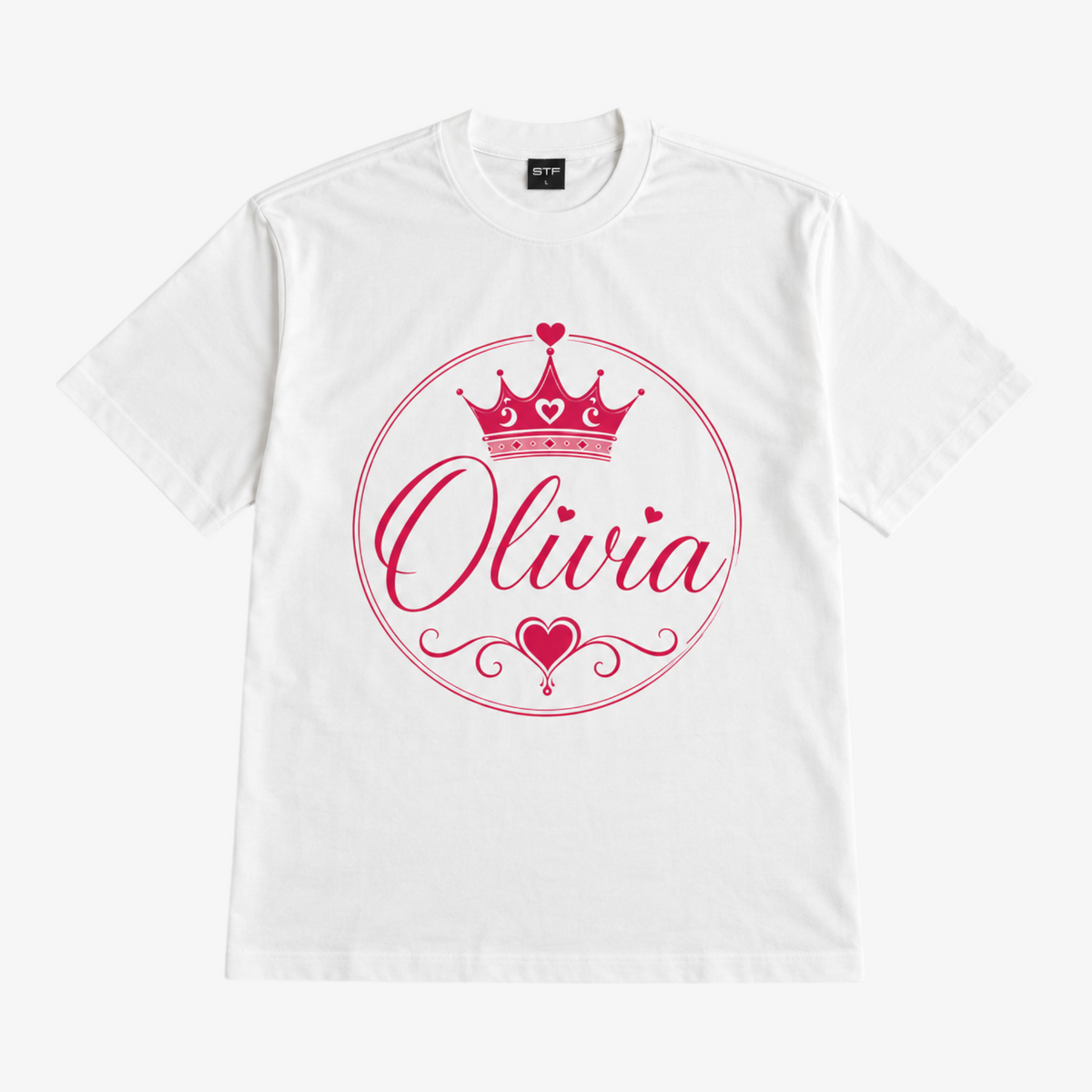 STF Olivia white oversized T-shirt with pink crown and heart graphic — front flatlay