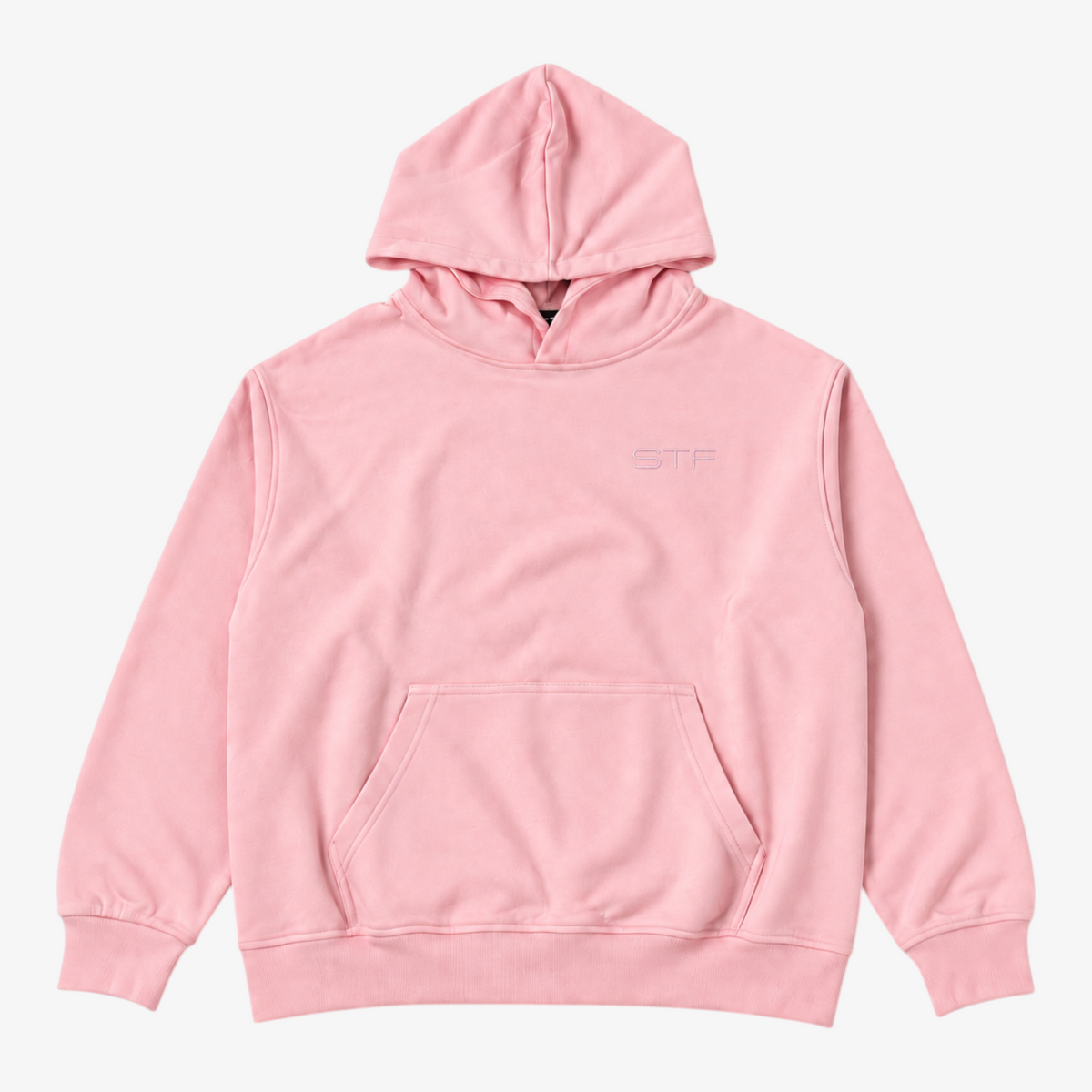STF pink oversized boxy hoodie — front flat lay