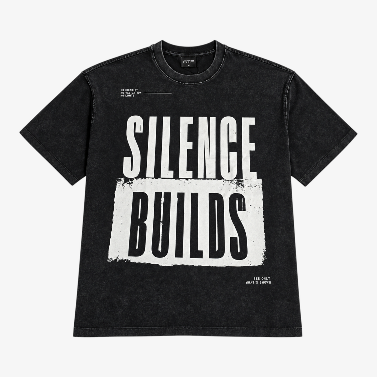 STF Silence Builds washed-black oversized T-shirt — front