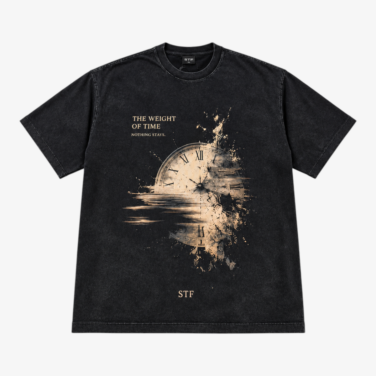 STF Weight of Time washed black boxy oversized T-shirt — front view Main image