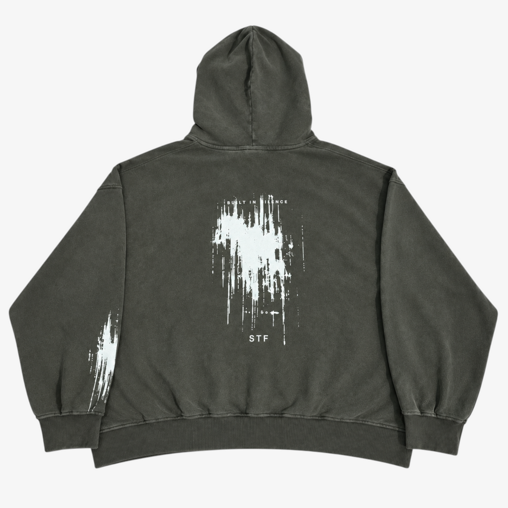 STF Built in Silence boxy oversized hoodie in washed olive-charcoal — back