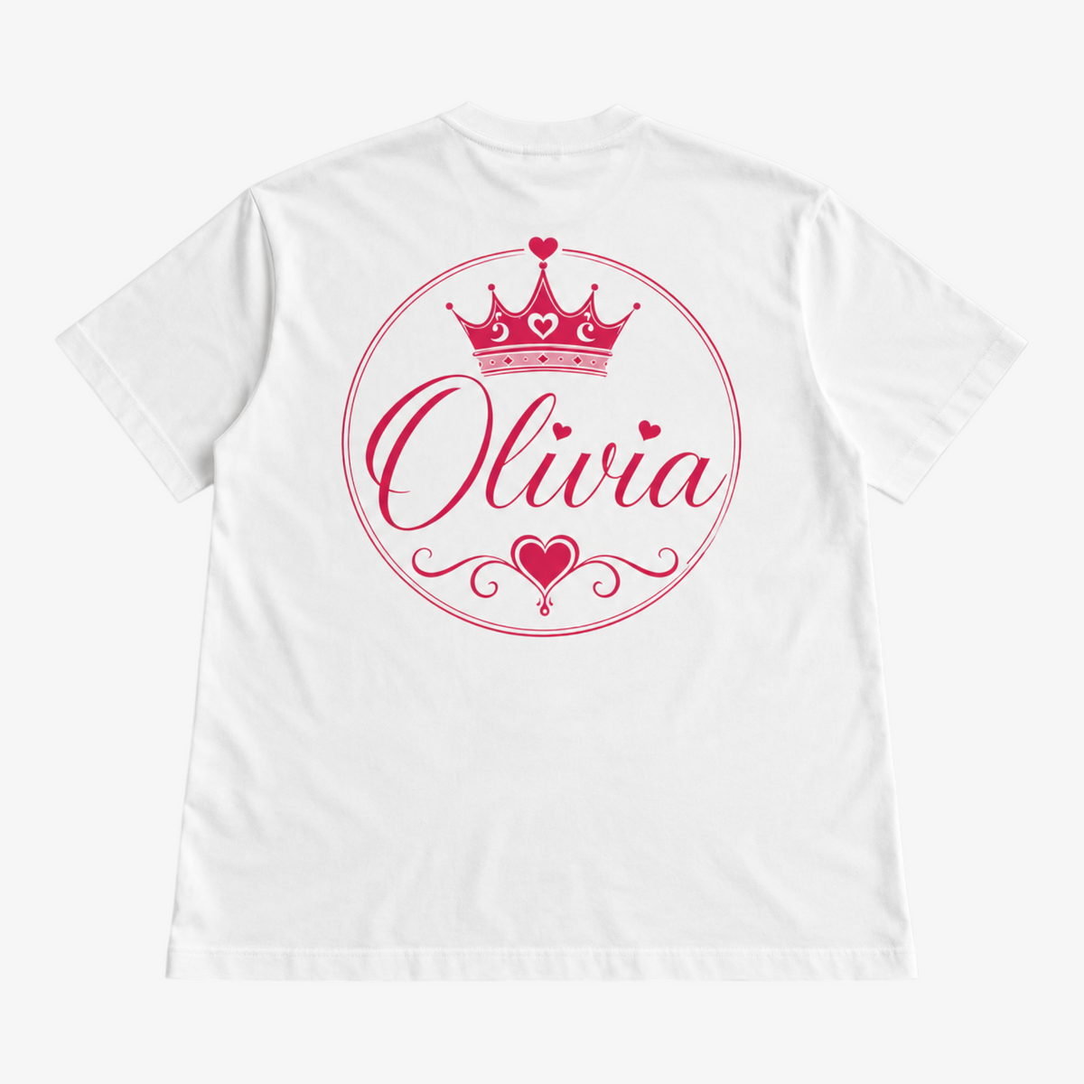 STF Olivia white oversized T-shirt with pink crown and heart graphic — back flatlay