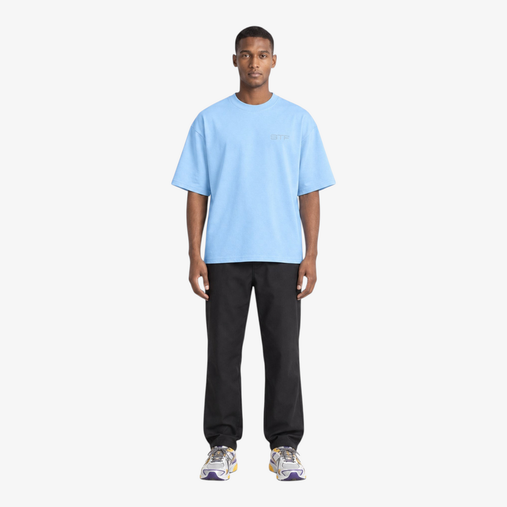 Male model wearing STF sky blue tonal embroidered T-shirt front