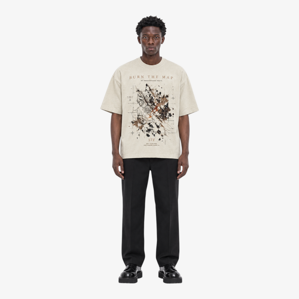 STF Burn the Map cream boxy oversized T-shirt — male front