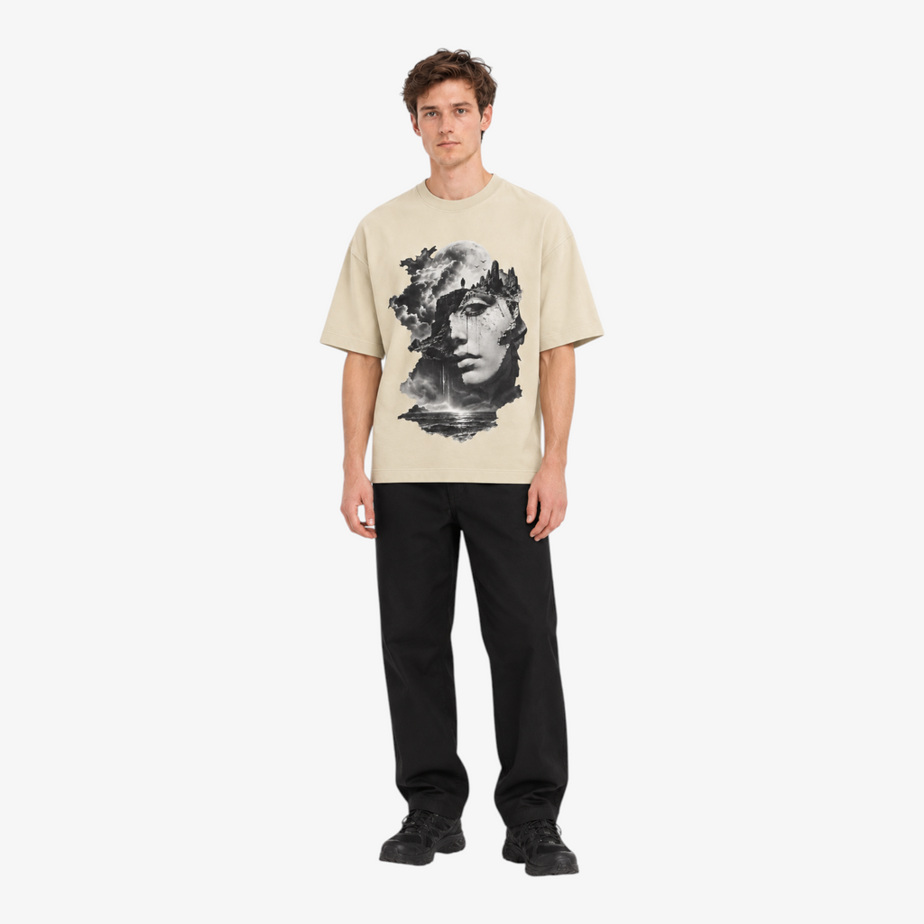 STF Dreamscape Graphic T-Shirt in Cream — Male model front view