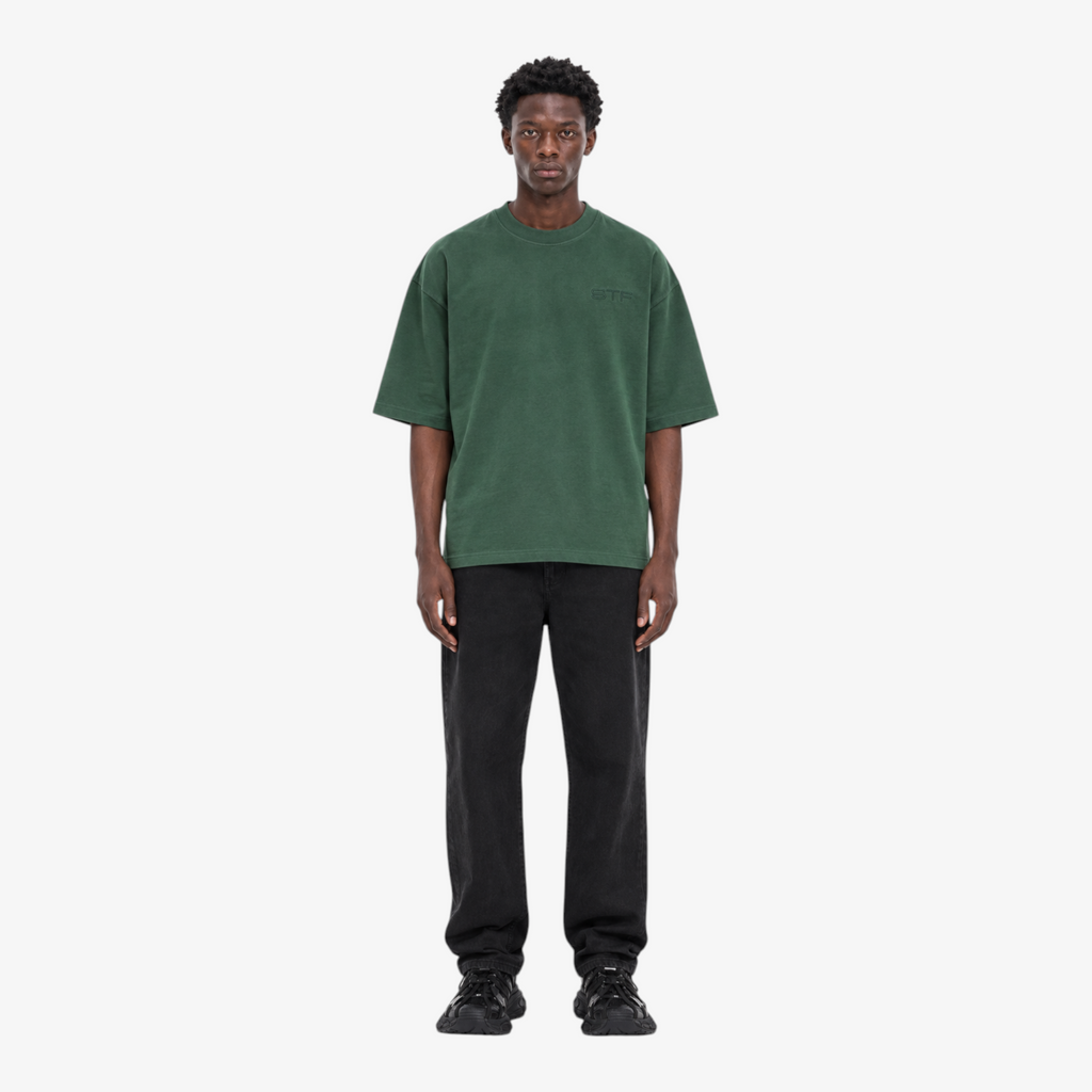 Male model wearing STF forest-green tonal embroidered T-shirt front view