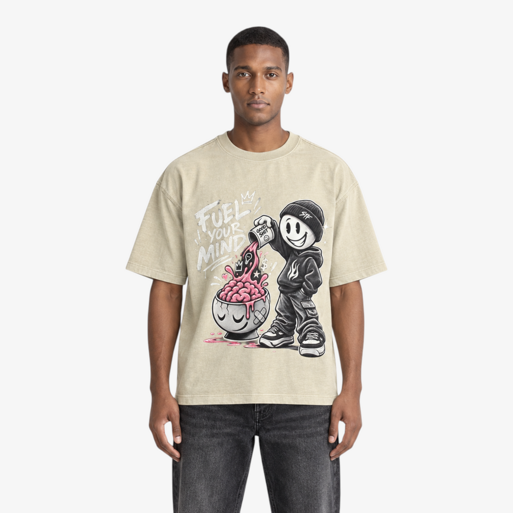 STF Fuel Your Mind washed cream boxy oversized T-shirt male front view