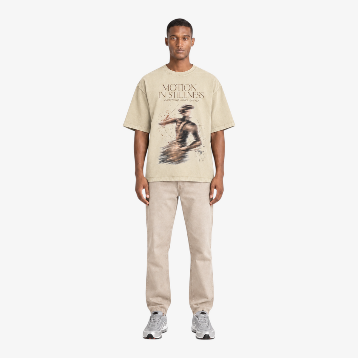STF Motion in Stillness cream boxy oversized T-shirt — male front