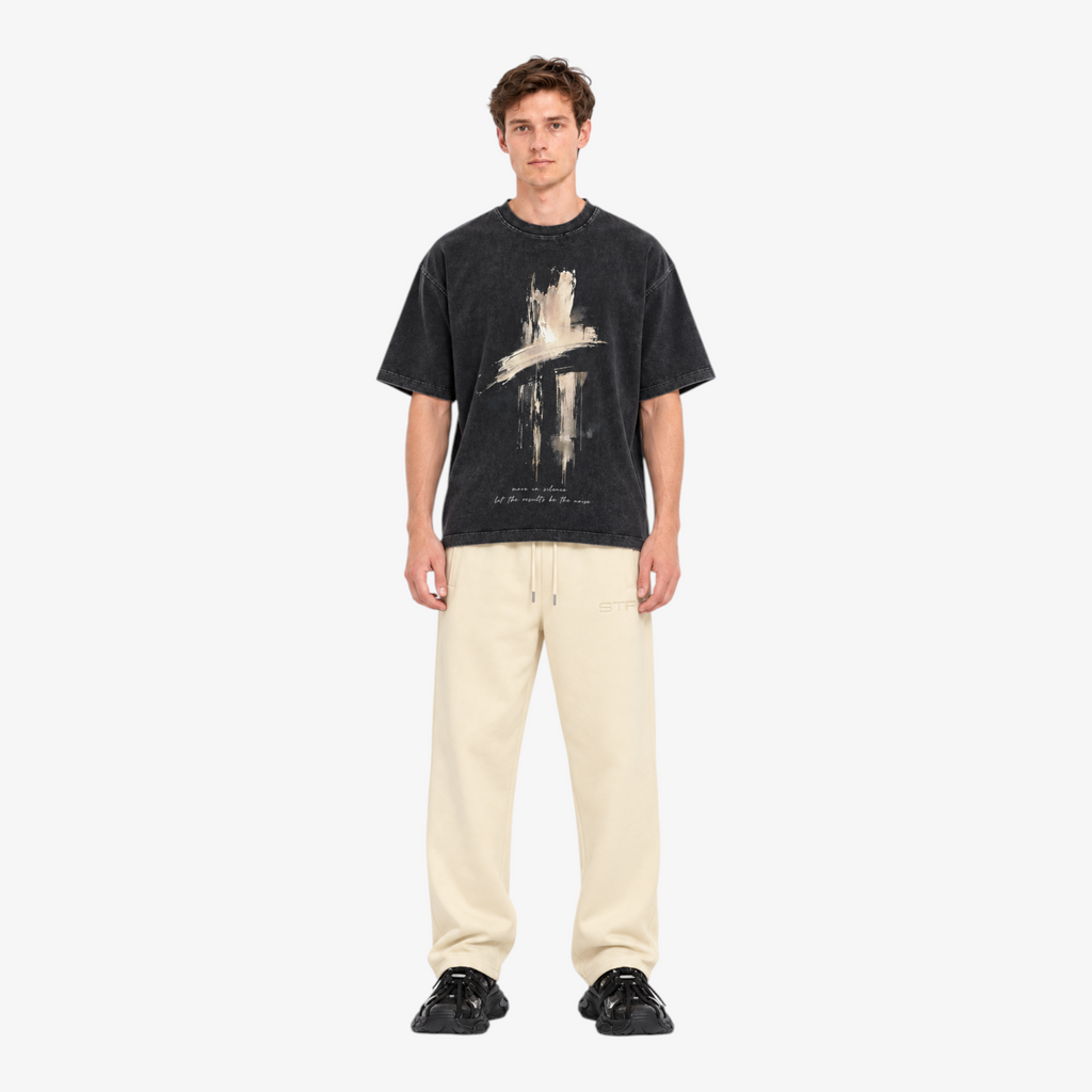 STF Move in Silence washed black graphic T-shirt — male model front