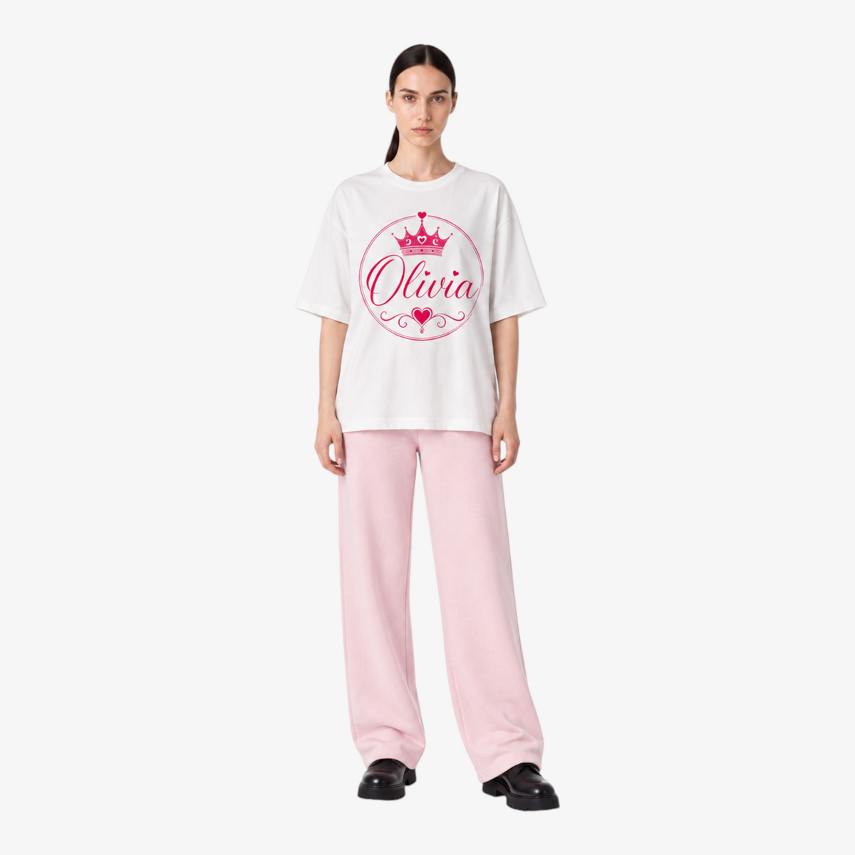 STF Olivia white oversized T-shirt with pink crown and heart graphic — model front