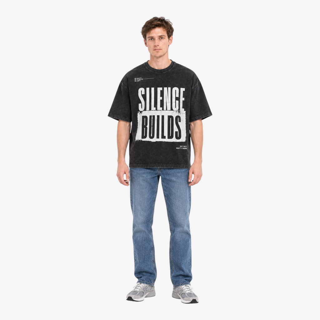 STF Silence Builds washed-black oversized T-shirt — male front