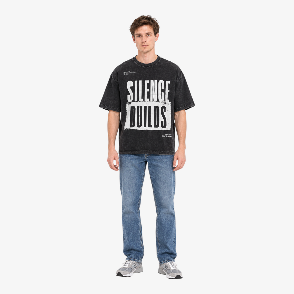 STF Silence Builds washed-black oversized T-shirt — male front