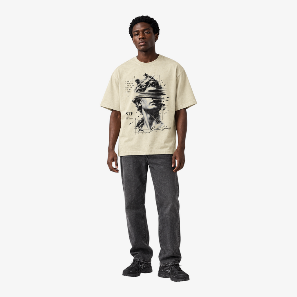 STF Statue Graphic T-shirt in cream — Male model front
