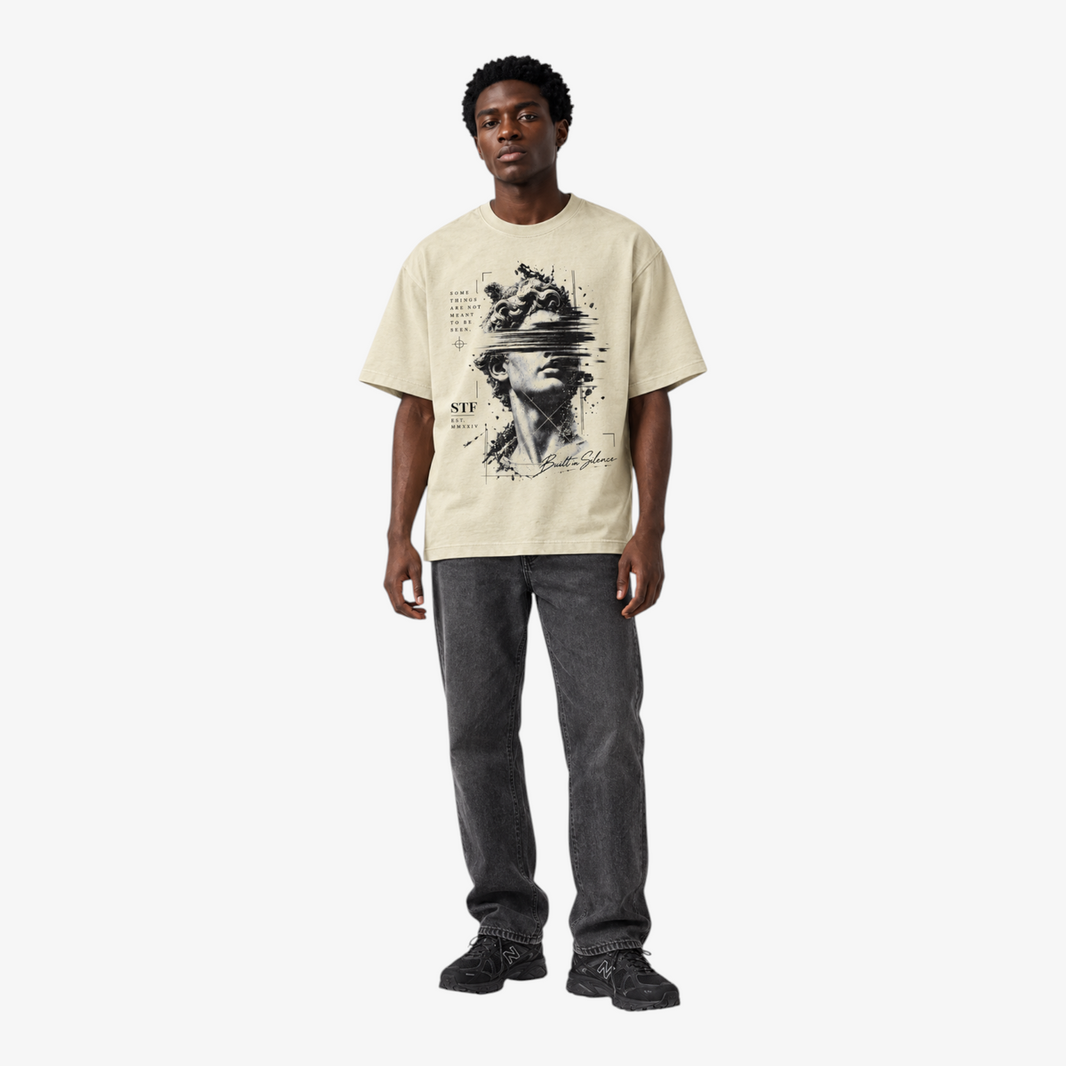STF Statue Graphic T-shirt in cream — Male model front