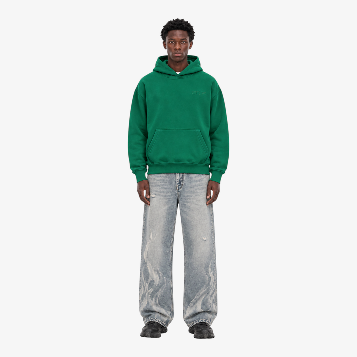 Green STF tonal oversized hoodie — Male model front