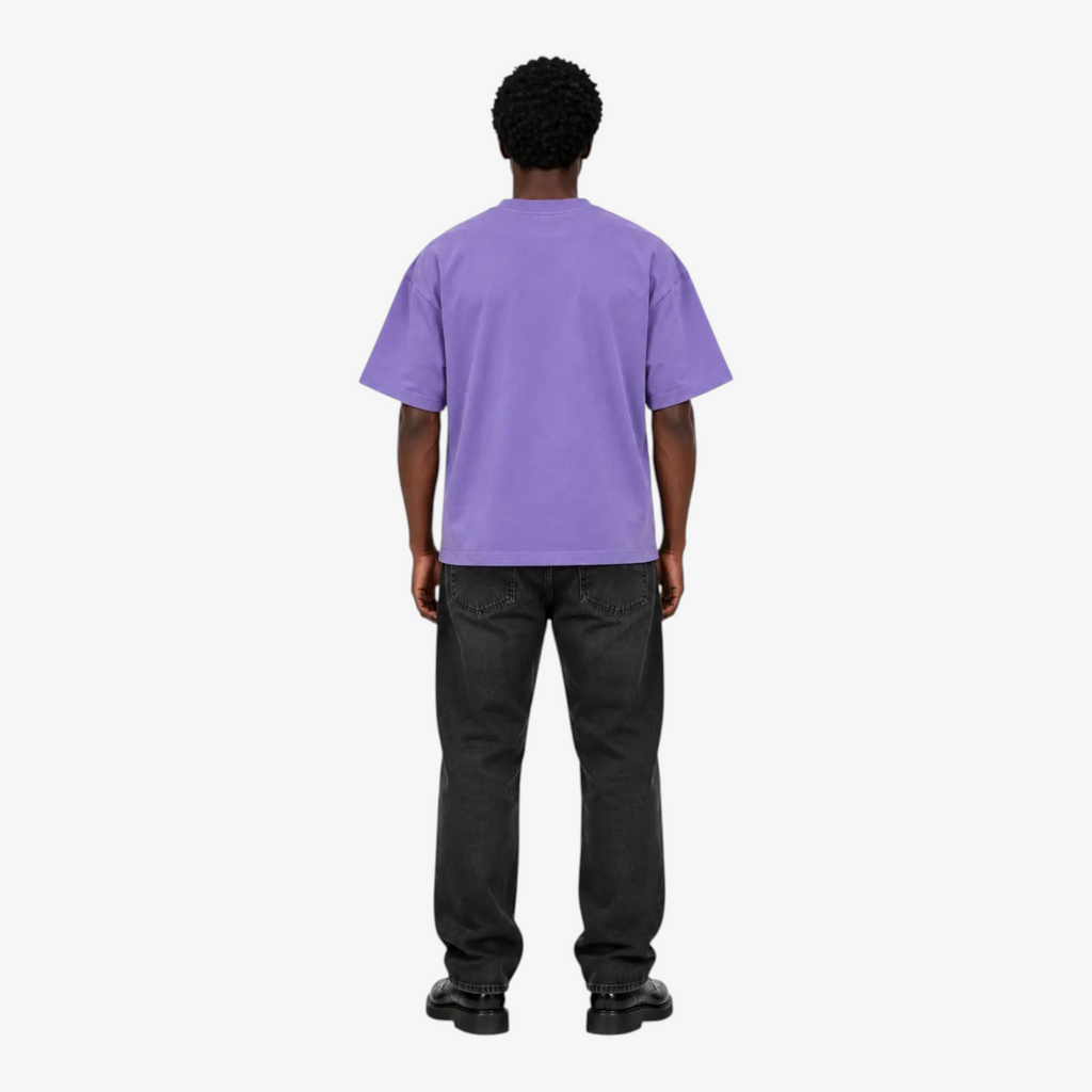 Male model wearing STF lavender boxy oversized T-shirt back view