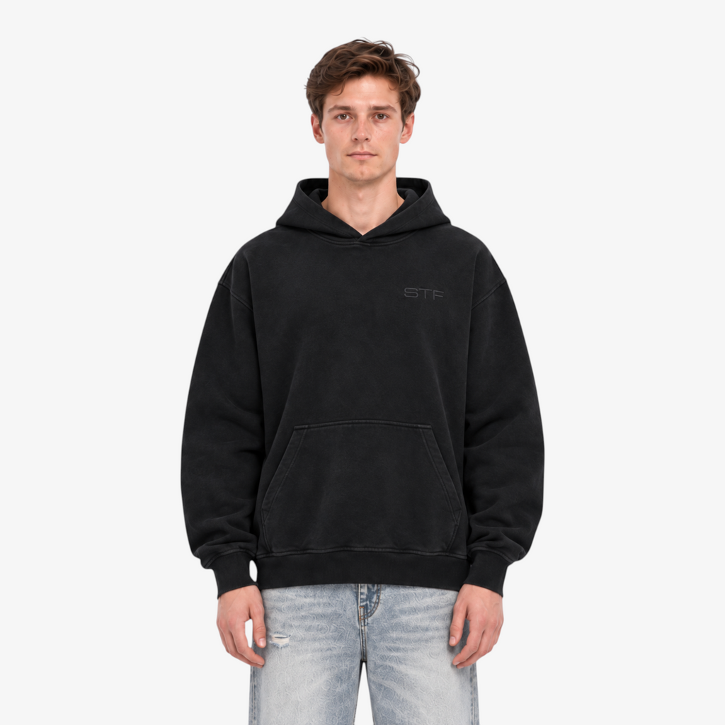 STF Black Oversized Hoodie – front fit detail
