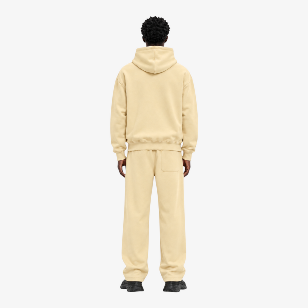 STF oversized boxy cream hoodie and trouser set — Male model back