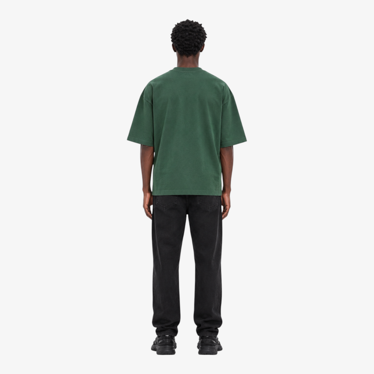 Male model wearing STF forest-green boxy oversized T-shirt back view