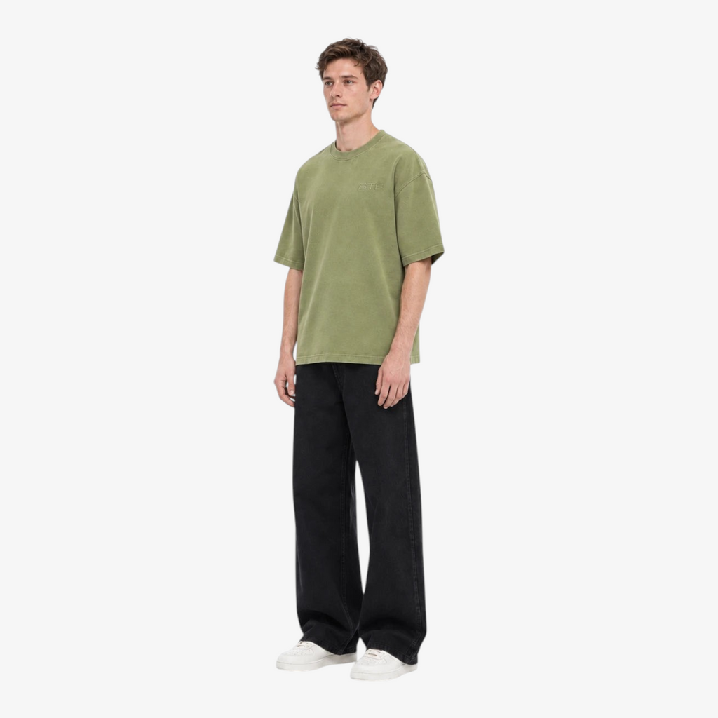 Male model wearing STF olive T-shirt three-quarter view