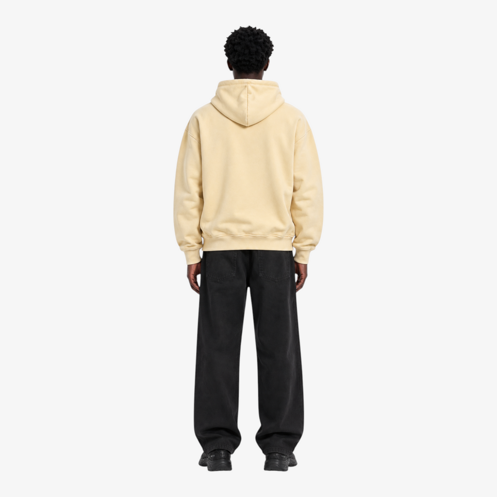 STF oversized boxy hoodie in cream — Male model back view