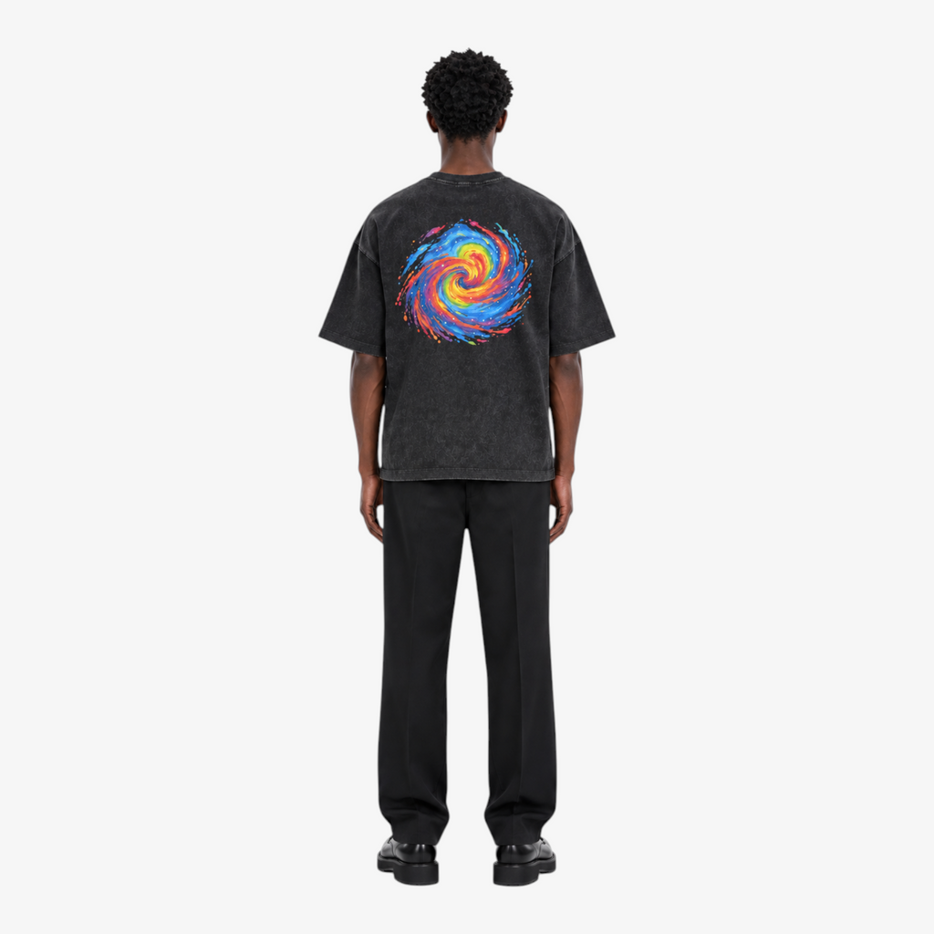 STF Spiral Graphic washed black boxy oversized T-shirt — male back
