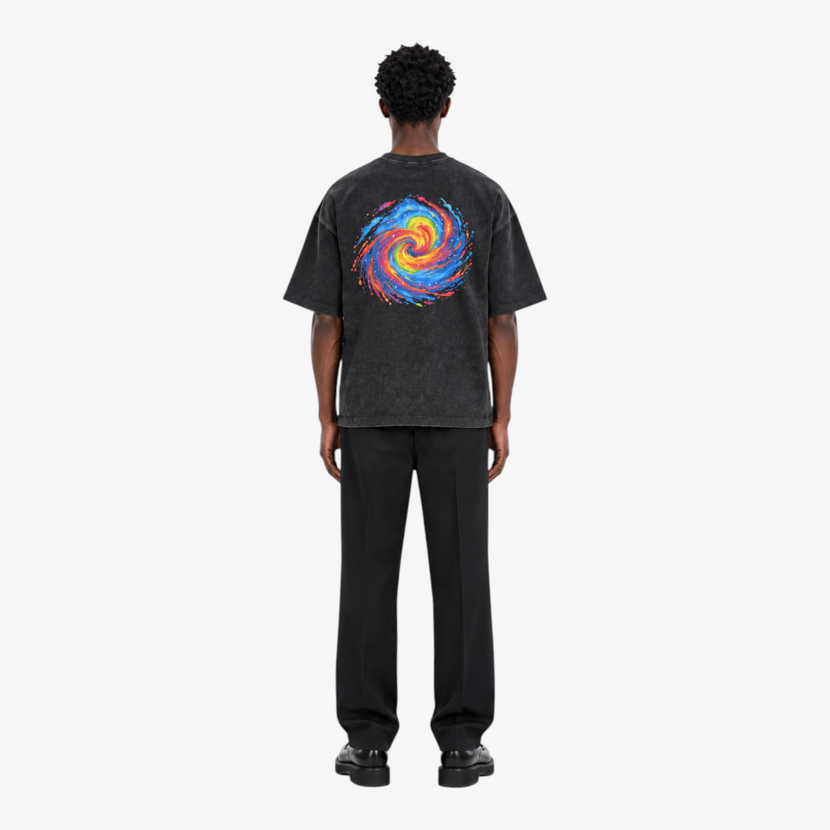 STF Spiral Graphic washed black boxy oversized T-shirt — male back