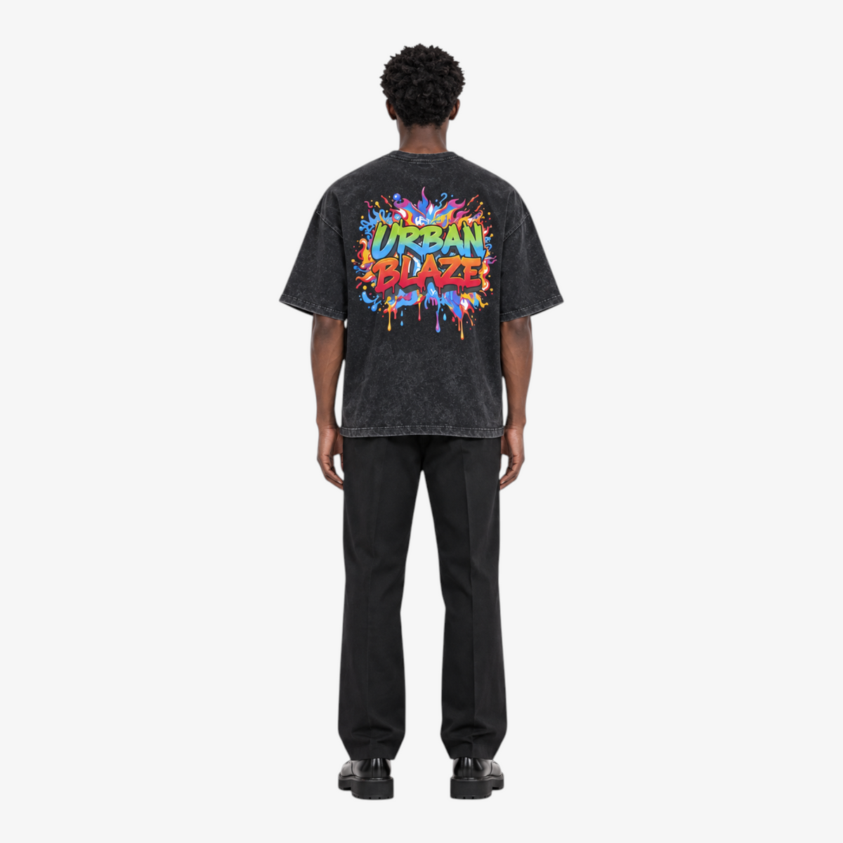 STF Urban Blaze washed black boxy oversized T-shirt — male back