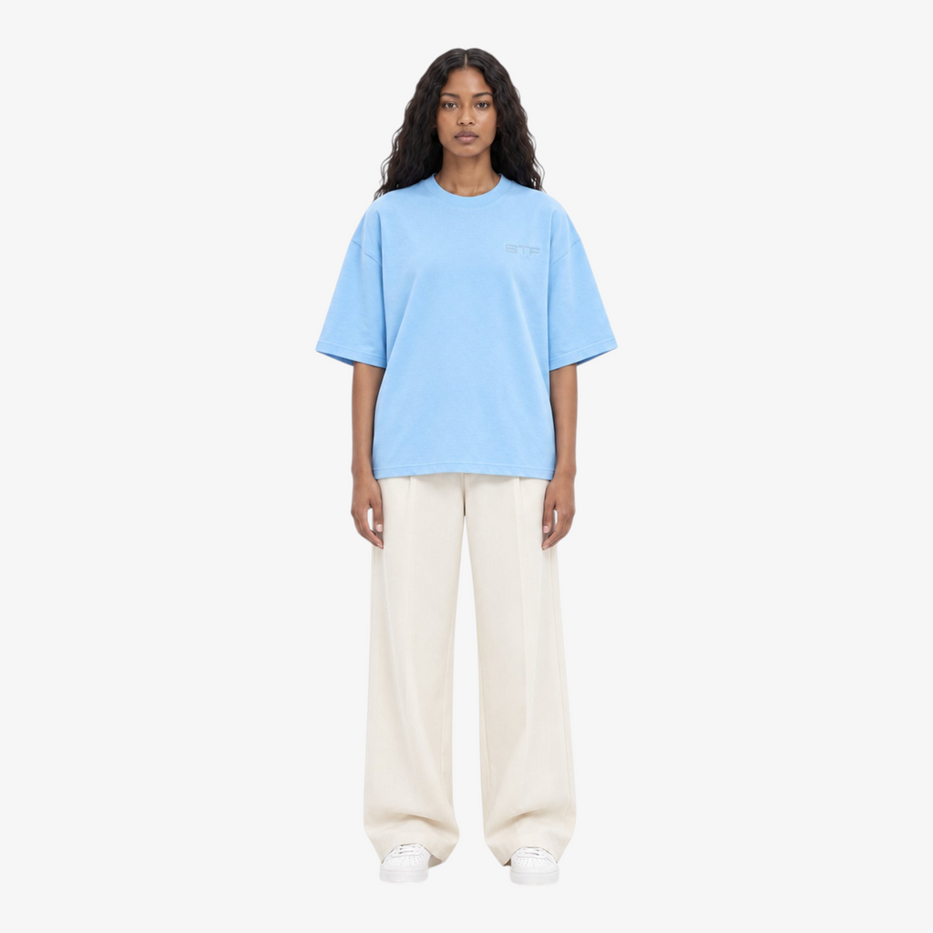 Female model wearing STF sky blue tonal embroidered T-shirt front