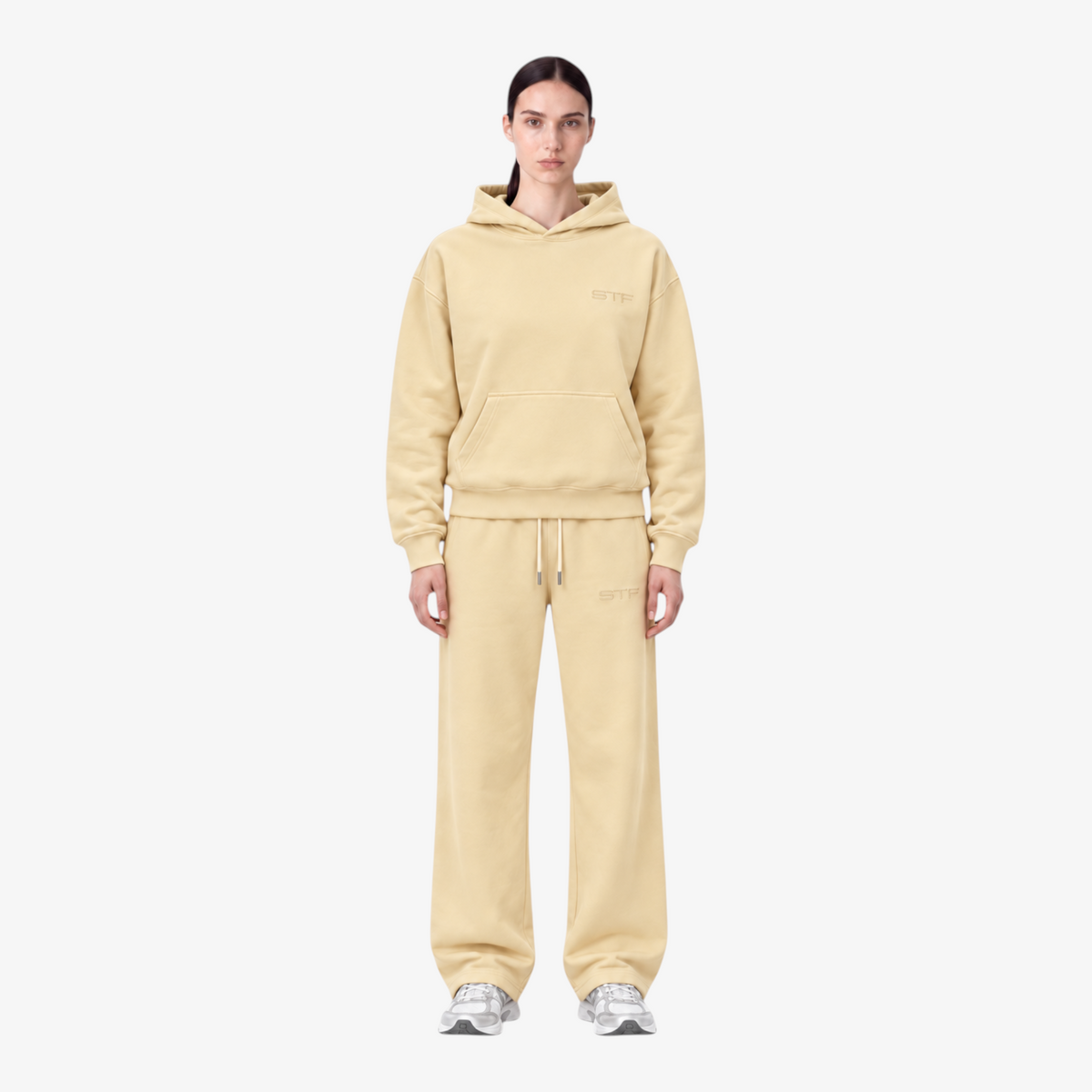 STF oversized boxy cream hoodie and trouser set — Female model front