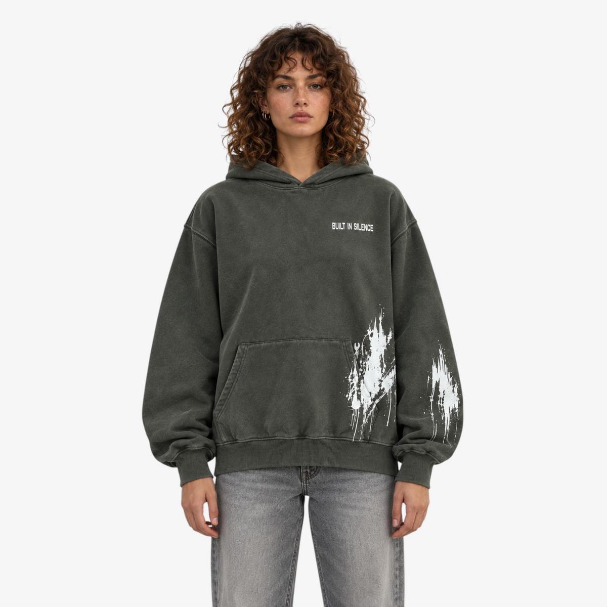 STF Built in Silence boxy oversized hoodie in washed olive-charcoal — female front