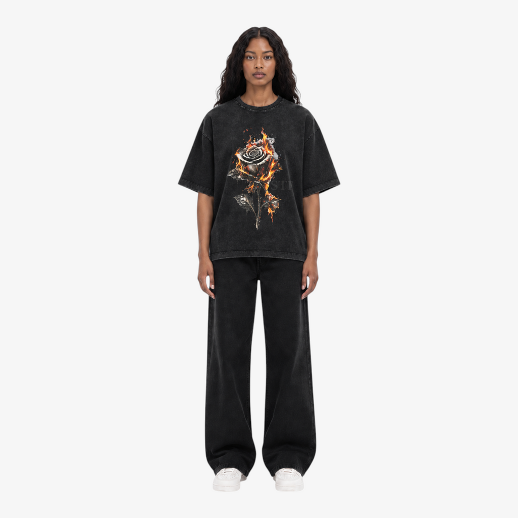 STF Burning Rose washed-black boxy oversized T-shirt — female front