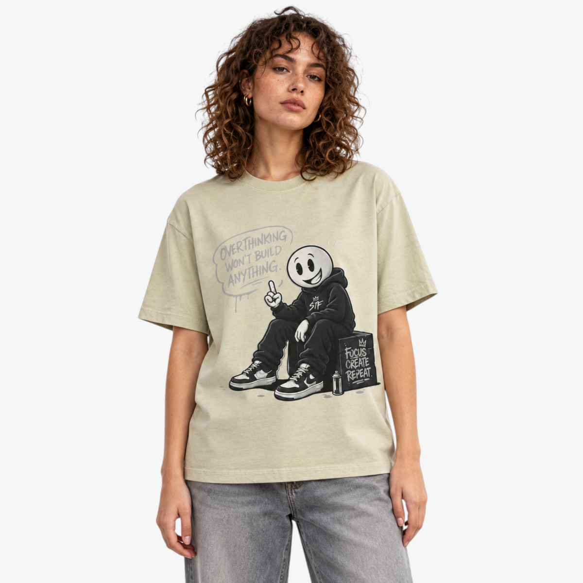 STF Focus Create Repeat T-shirt in washed cream — female front