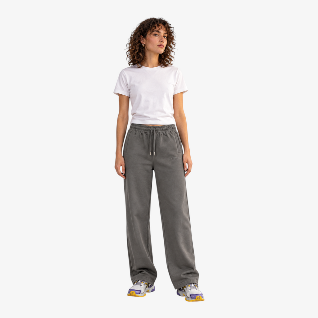 STF grey relaxed open-hem trousers — female front view
